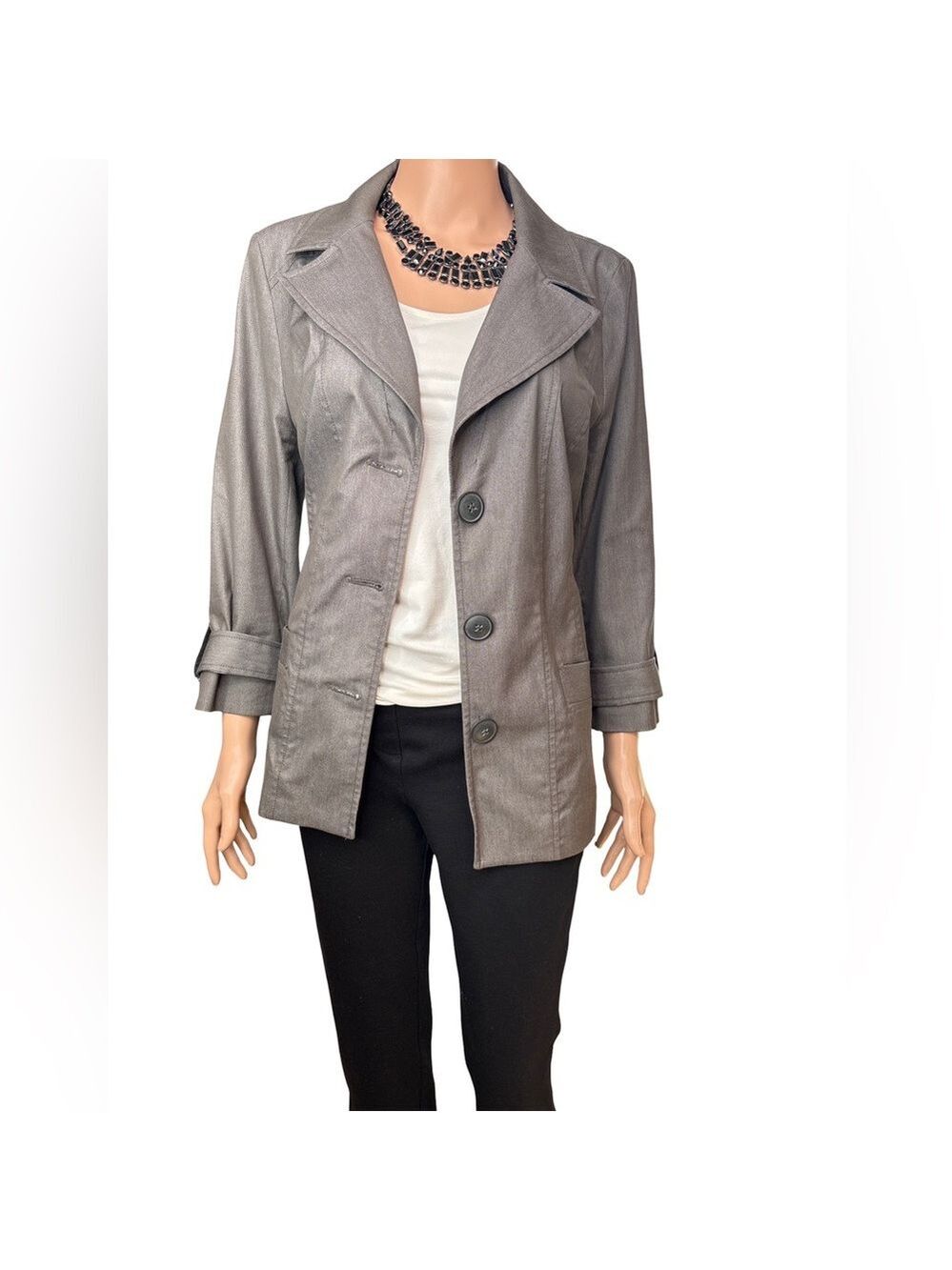 Halogen Women's Grey Button Belted Cotton Blend Blazer Large